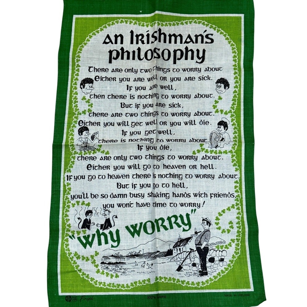 Irish Linen Tea Towel Irish Man's Philosophy Fingal Wall Hanging Ireland Flaw‎